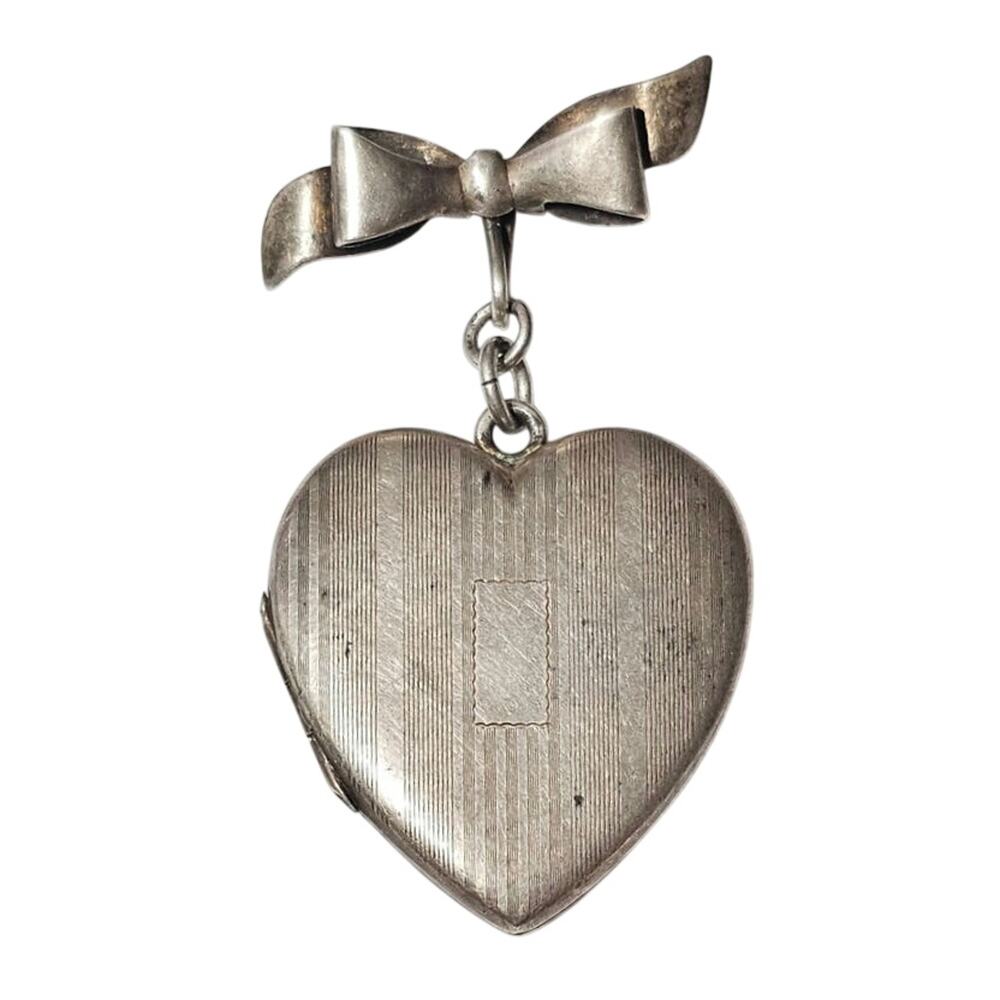 Vintage WWII 1940s Binder Brothers Sterling Silver Bow Sweetheart Locket Brooch